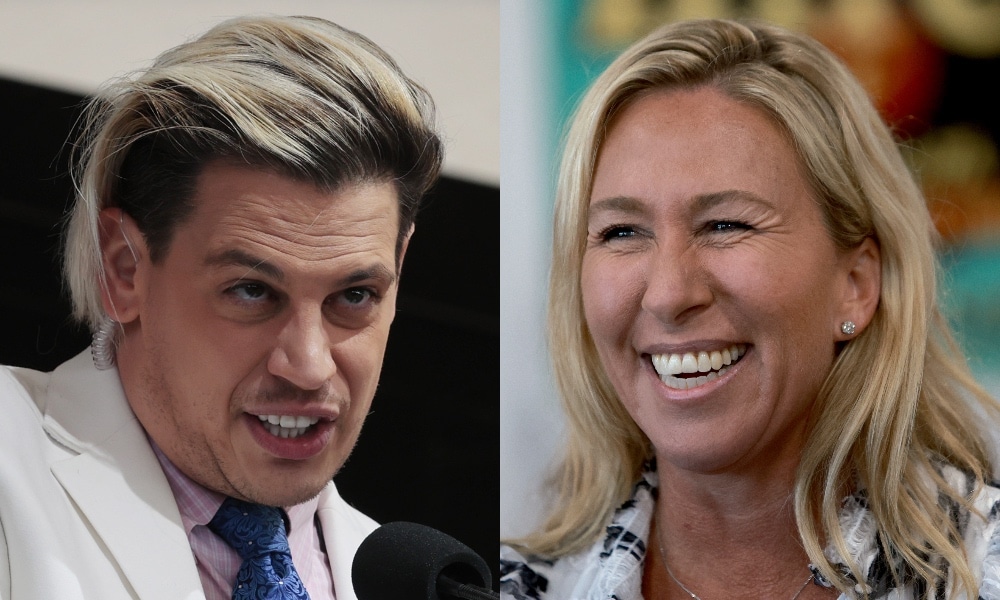 Headshots of Milo Yiannopoulos and Marjorie Taylor Greene