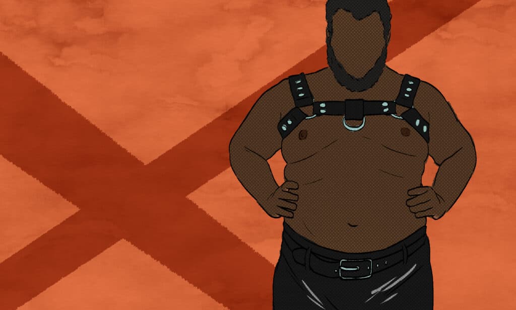 Illustration of a man in a leather harness and trousers