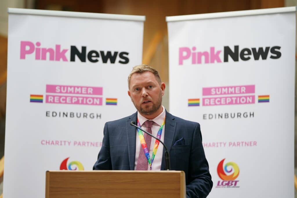 Jamie Greene speaking at the PinkNews summer reception in Edinburgh.