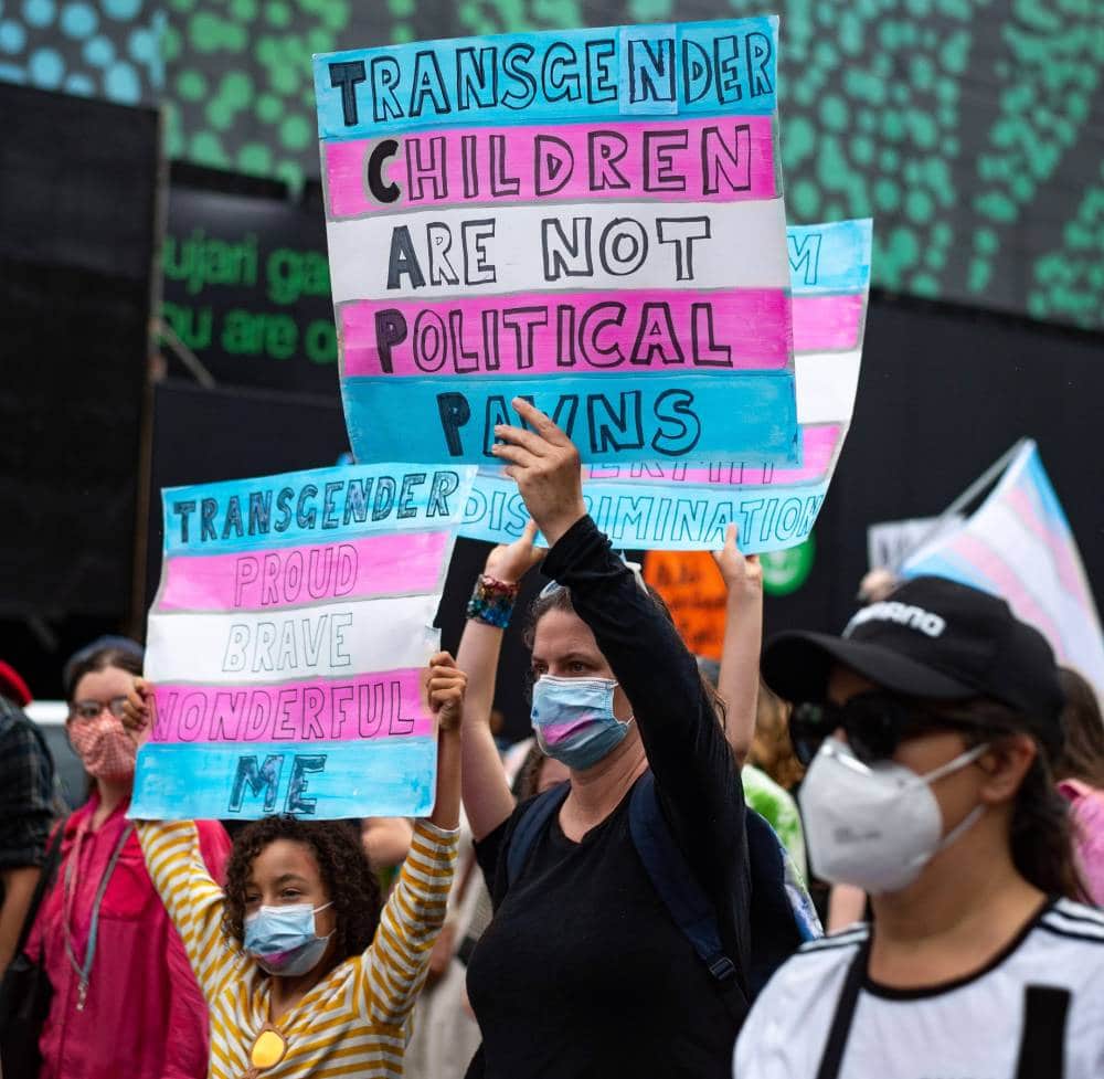 Two people hold up signs in support of the trans community that are designed with light blue, pink and white stripes. One sign reads 'transgender children are not political pawns'. The other sign reads 'Transgender proud brave wonderful me'. Both people are standing in the crowd during a protest or rally