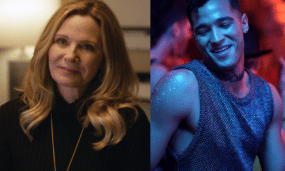 Kim Cattrall smiling, and Devin Way bathed in blue light, dancing