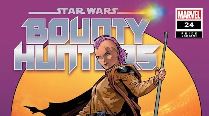 Against a large sun and purple background, two female characters stand atop a spaceship, holding weapons. The standing character has a pink mohwak, while the other character has a short, brunette crop. In silver at the top of the cover, the title reads: Bounty Hunters