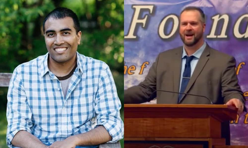 Side by side of Hemant Mehta (left) and hate preacher Aaron Thompson (right).