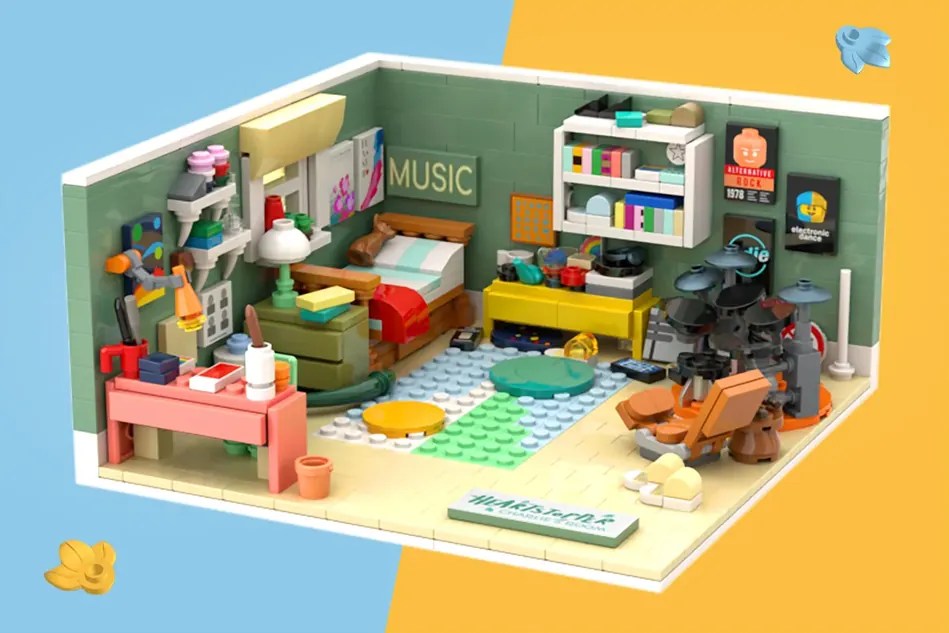 It features details from Charlie's bedroom including his neon 'Music' sign. (Lego)