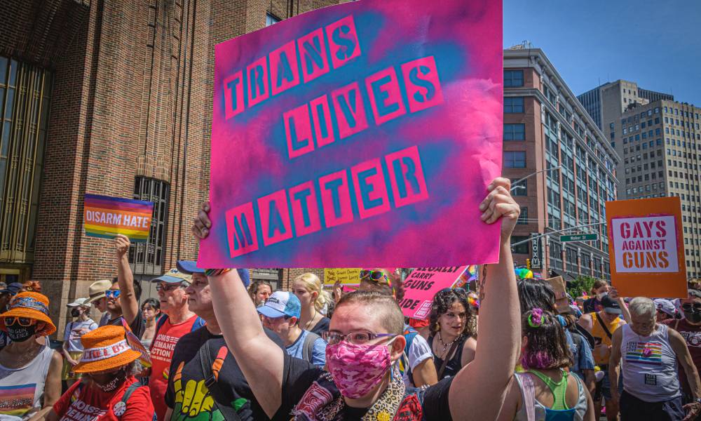Participant seen holding a pink coloured sign with blue lettering that reads "trans lives matter" at a protest