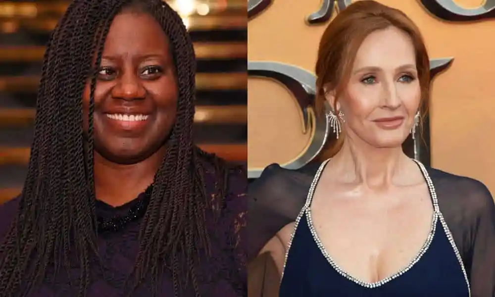 A side by side image of Labour MP Marsha de Cordova wearing a dark top with her hair in braids and Harry Potter author JK Rowling wearing a blue dress with sequins along the seems and a matching cape with her hair styled in an updo