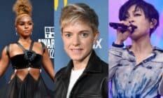 Side by side pictures of Janelle Monáe who is posing for the camera while wearing a black dress, Mae Martin who is smiling at the camera and Hikaru Utada who is singing
