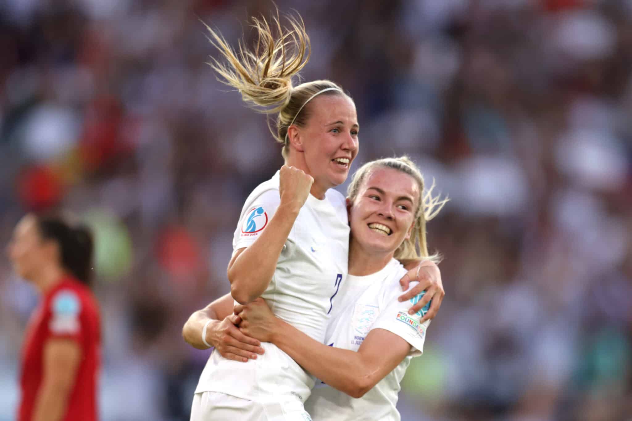 Beth Mead of England celebrates with Lauren Hemp after scoring her sides fifth goal during the UEFA Women's Euro England 2022 group A match between England and Norway at Brighton & Hove Community Stadium on July 11, 2022 in Brighton, England. 