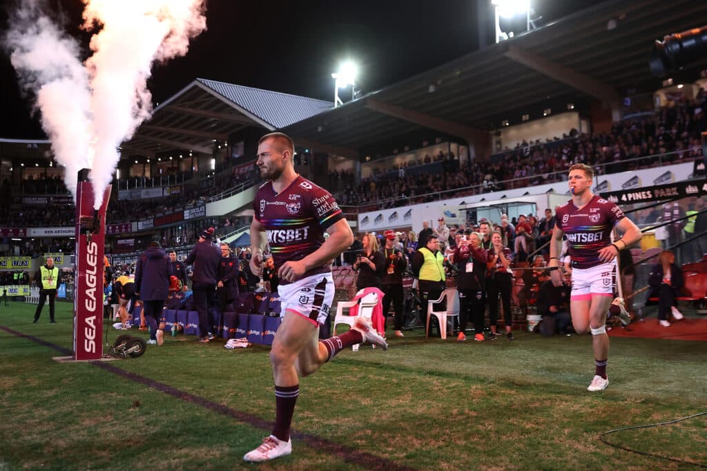 Kieran Foran of the Sea Eagles runs onto the field before the round 20 NRL match between the Manly Sea Eagles and the Sydney Roosters at 4 Pines Park.