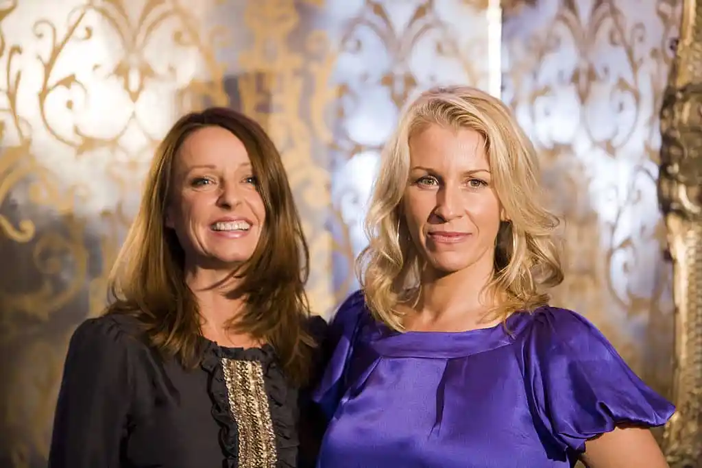 Keren Woodward (L) and Sara Dallin at the launch of the Here and Now Tour 2008.