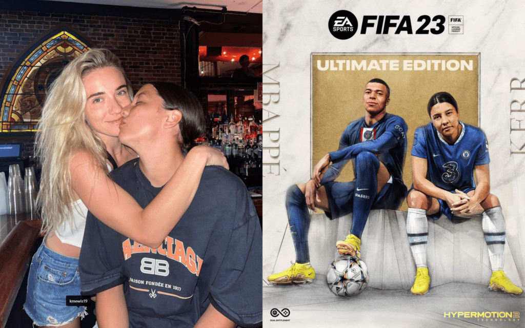 Sam Kerr and Kristie Mewis next to the FIFA 23 global cover