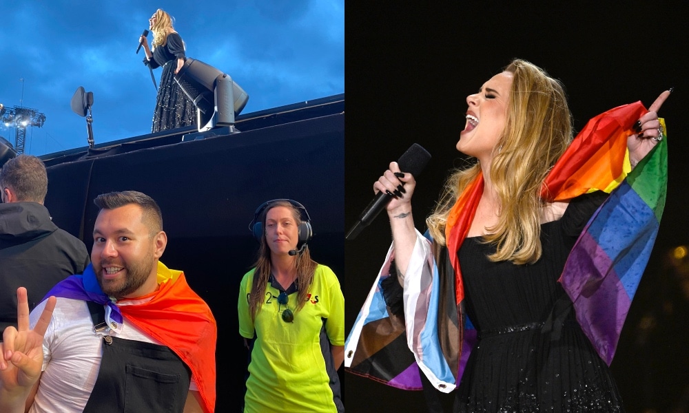 Side by side photos of a fan looking at Adele from the mainstage and a photo of Adele wearing a Pride flag