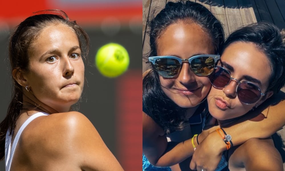 On the left: Daria Kasatkina moments from hitting a tennis ball. On the right: Daria Kasatkina and her girlfriend, Natalia Zabiiako, pose for a selfie