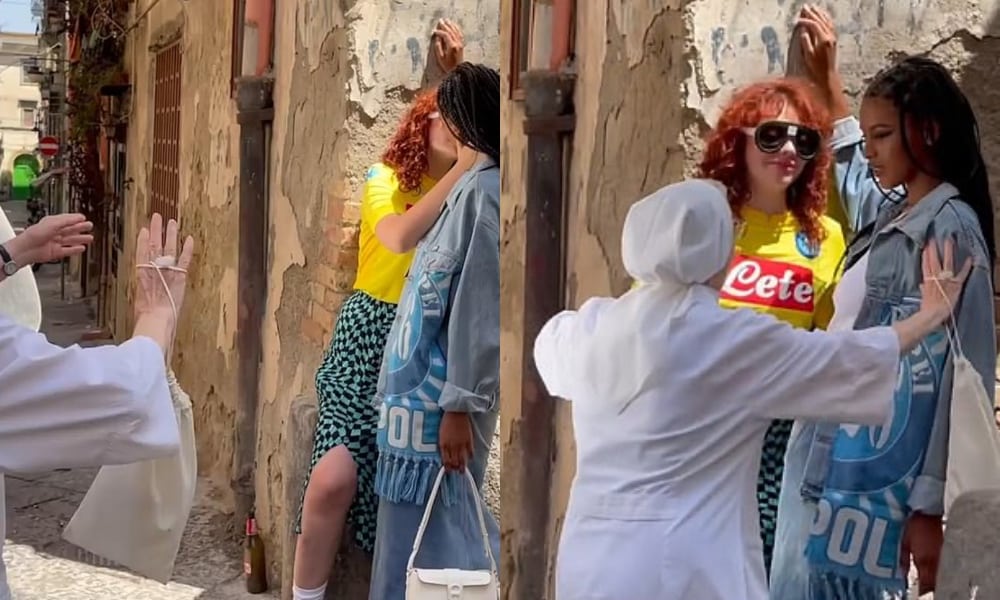 Side-by-side stills of the moment a a nun pulled two women apart for kissing