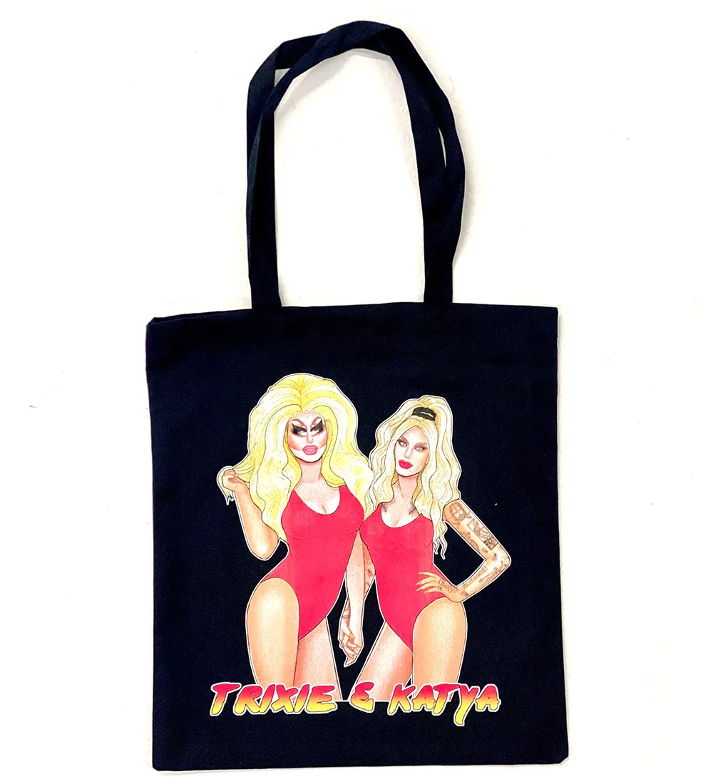 A Trixie and Katya tote bag. (Drag Merch)