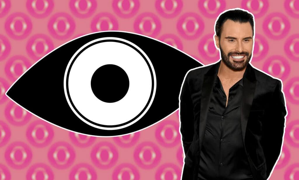 Ryan in front of a black Big Brother eye on a pink background