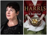 A publicity photo of author Joanne Harris, and a cover image of her novel, Chocolat
