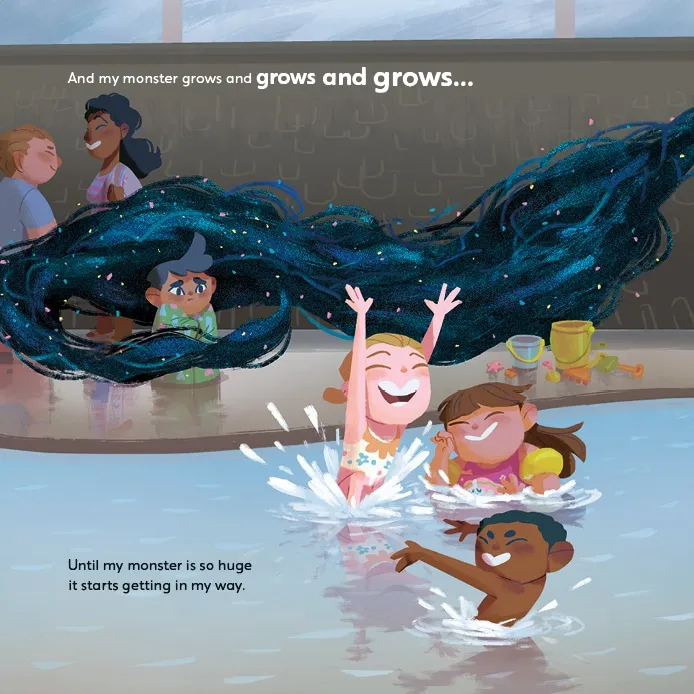 In this illustration, a young transgender man is curled up in a towel, surrounded by a large doodle like a monster. The other children were playing with a book in front of her. The text on the page reads as follows: 