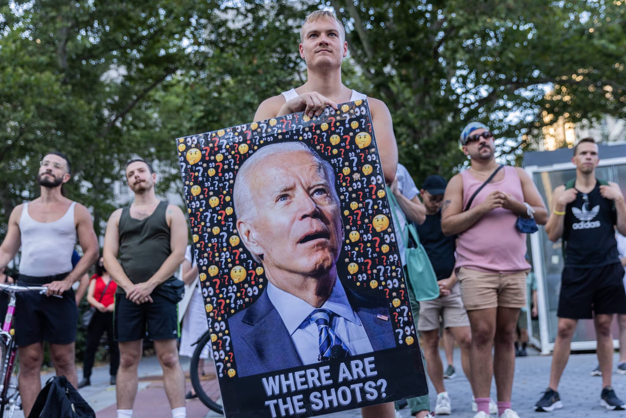 People protest during a rally calling for more government action to combat the spread of monkeypox at Foley Square on July 21, 2022 in New York City. 