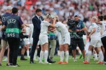 England celebrates winning after the UEFA Women's European Championship match between England and Germany.