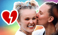 In this edit, JoJo Siwa (R) and Kylie Prew kiss with a broken heart next to them