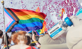 A collage of people marching in Pride, waving the Progress Pride flag, alongside a gloved hand holding a vial of monkeypox vaccine