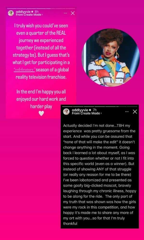 Screenshots taken from Yvie Oddly's instagram of her opening up about how her journey on All Stars 7 was depicted. One post is in hot pink while the other in on a background. THere is also a picture of Yvie in the corner