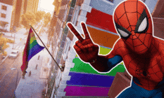 Spider-Man giving the peace symbol aside a Greenwich Pride flag