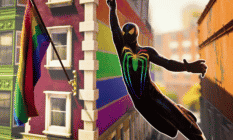 A Pride-themed Spider-Man costume behind one of the Pride flags seen in the game.