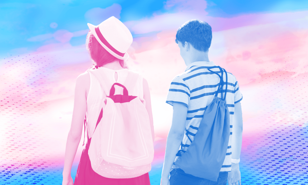 Collage of two young people facing away from the camera with the colours of the trans flag painted over