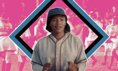 A character in costume in a baseball uniform