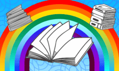 An illustration of books and a rainbow