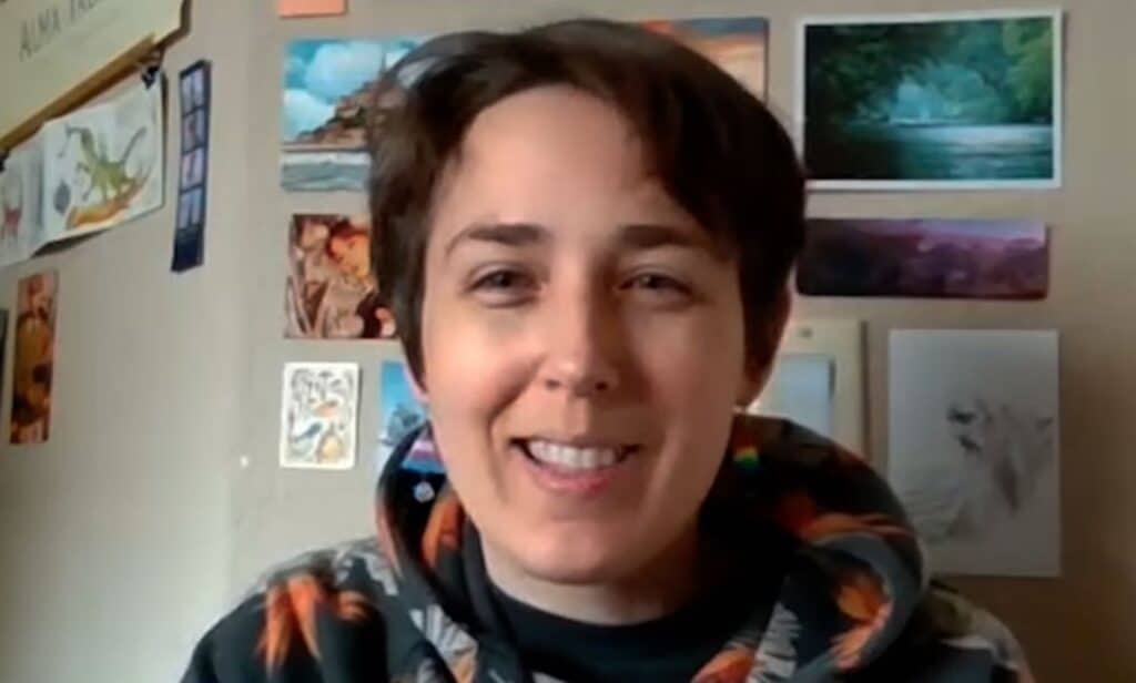 Gender Queer author Maia Kobabe looks into the camera during an interview