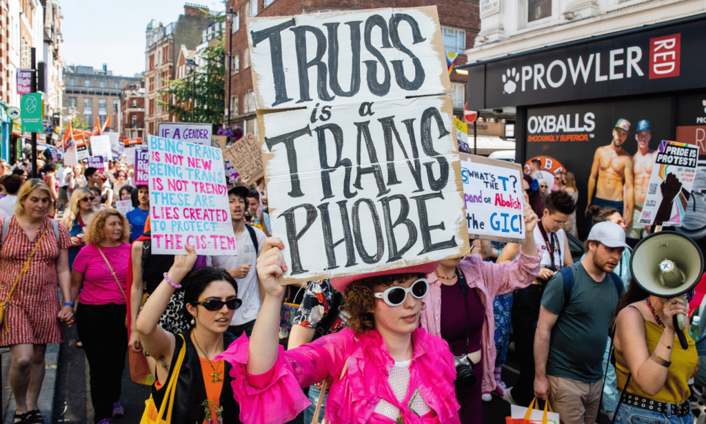 People gather together to protest against the Tory government's attitudes towards the trans community